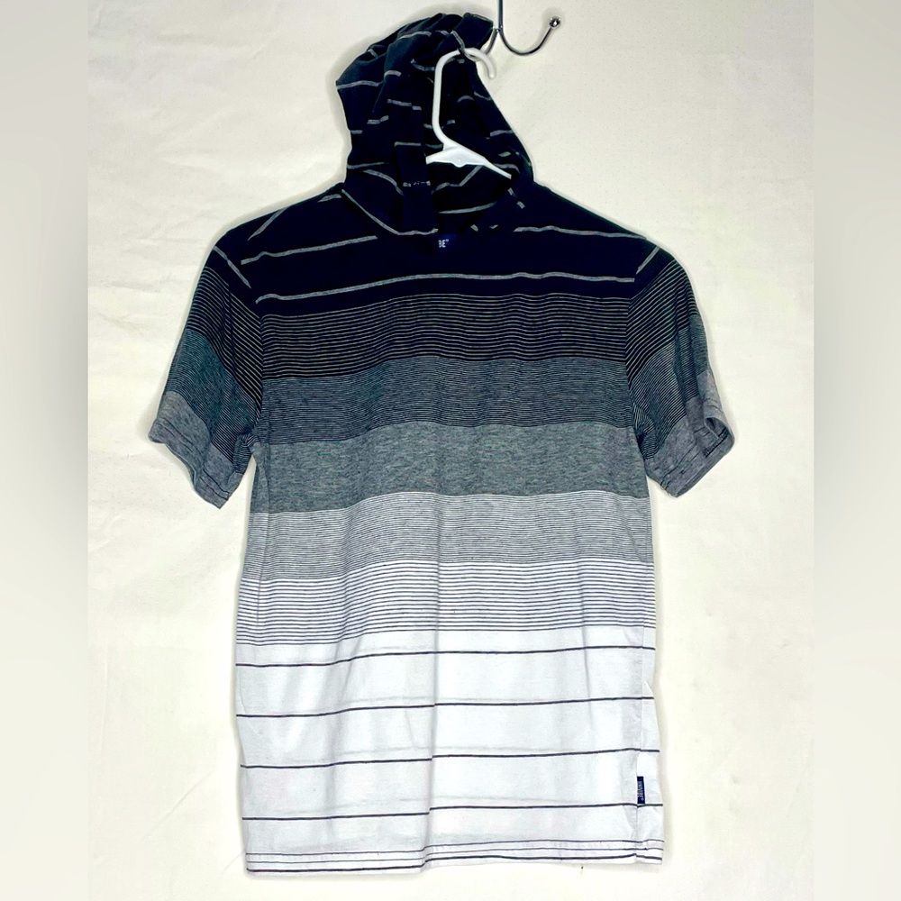 Boys UniVibe hooded black and white stipe short sleeve Tshirt